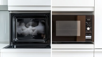 Obraz premium Microwave oven closeup showing the stark contrast between dirty and clean surfaces before and after washing