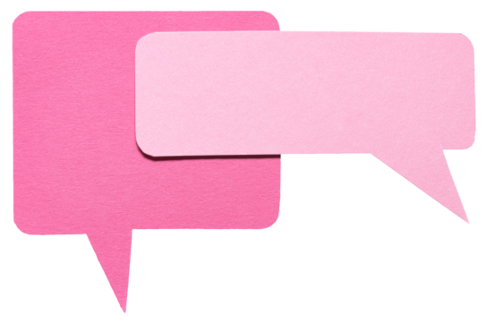 Pink blank cut out cardboard paper speech bubbles with rough edges and copy space for text on transparent png background design element