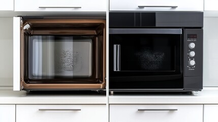 Obraz premium Microwave oven closeup showing the stark contrast between dirty and clean surfaces before and after washing
