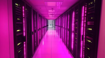 Fototapeta premium A network of cables with orange and green lights. The cables are connected to a server. The server is likely a computer or a server that is used for data storage or processing