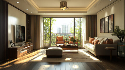 Fototapeta premium Modern living room featuring large windows, vibrant greenery, and tasteful decor in an urban apartment during daylight