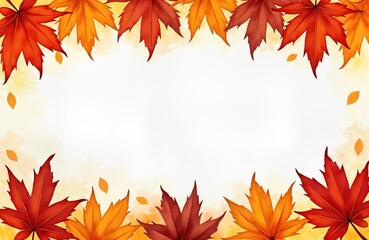 Fototapeta premium Colorful autumn leaves frame creates seasonal background. Maple leaves in warm colors surround white space perfect for invitation greeting card design. Watercolor style drawing adds artistic touch to