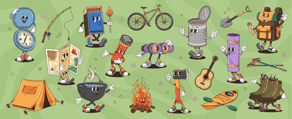 Retro cartoon groovy travel characters vector set. Camping and hiking items, compass, matches, binoculars and tent, bicycle, tin can, shovel or flashlight. Pot, campfire or axe, guitar, sleeping bag