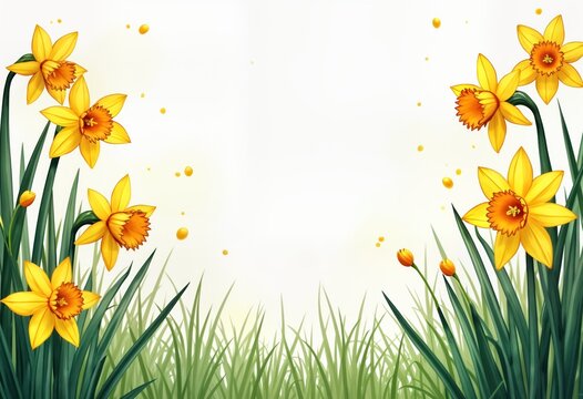 Watercolor illustration shows daffodils in spring meadow. Bright yellow flowers with orange centers bloom among green grass. Floral border, frame create spring easter card design. Fresh colors,
