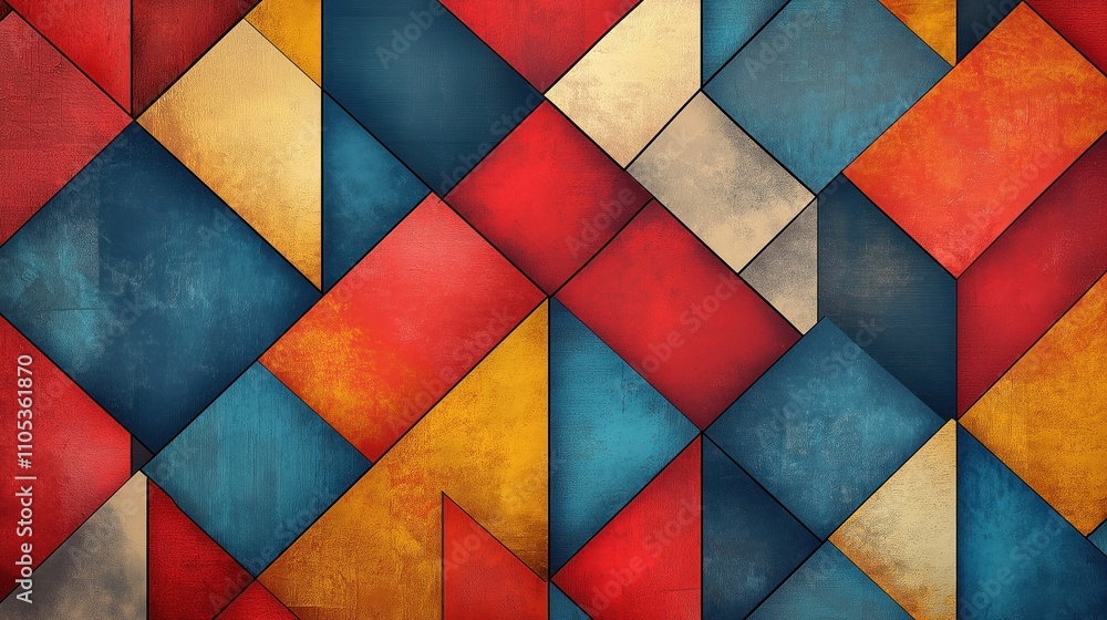 Poster abstract geometric pattern uses textured tiles in red blue, yellow. tiles arranged in mosaic design.