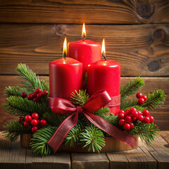 Festive Holiday Candle Arrangement with Evergreen and Red Berries