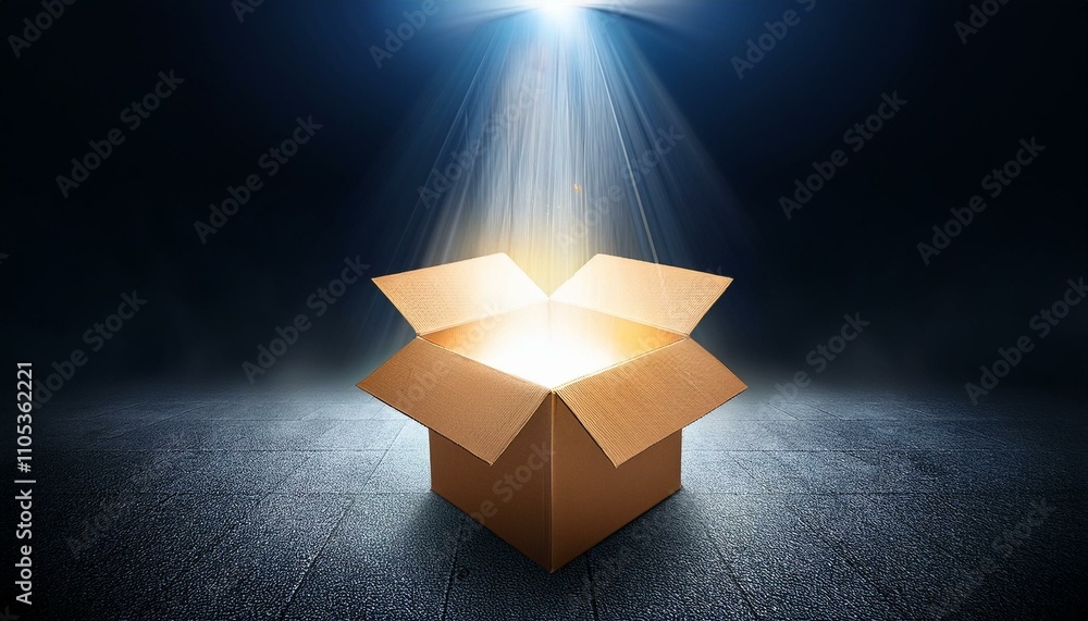 Poster empty box with huge light coming from the box