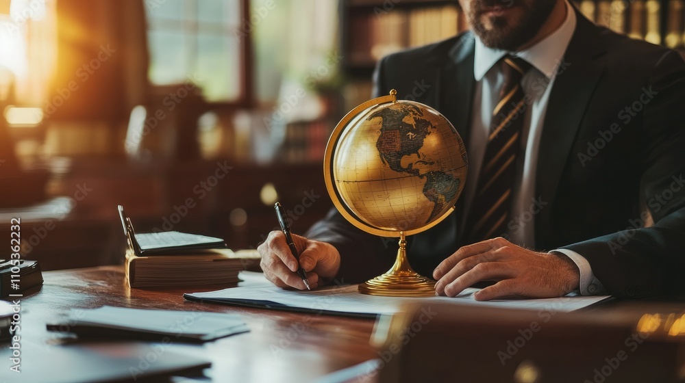 Poster a trader working at a desk with a prominent golden globe, emphasizing global finance and market tren