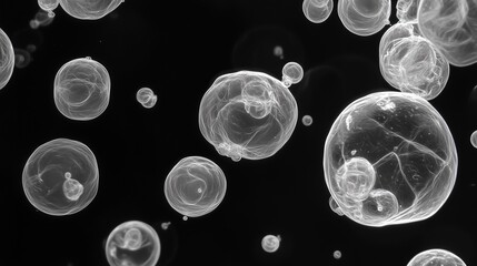 Close-up of transparent bubbles against a black background