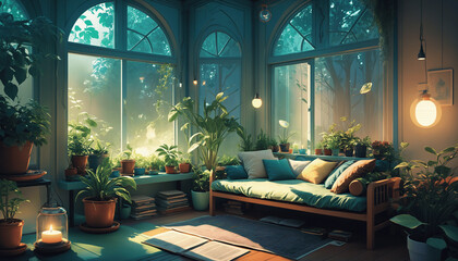 Lofi cozy room with window view of a forest, jungle, plants decor, books, anime, manga style. Hip-hop atmospheric lights.