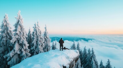 Wilderness mountains and survival, A lone figure stands on a snowy cliff, surrounded by frosty trees, gazing at the expansive view of clouds and a pastel sky.