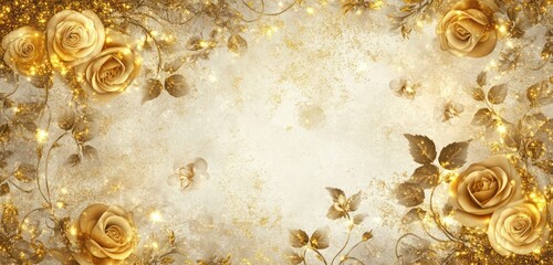 A luxurious floral pattern with golden roses and ivy vines, sparkling with gold glitter and a grunge sparkle effect.