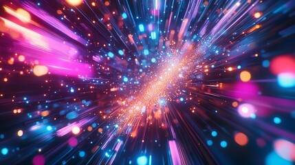 Naklejka premium Vibrant Neon Fireworks and Swirling Light Trails Against a Dark Starry New Year's Sky