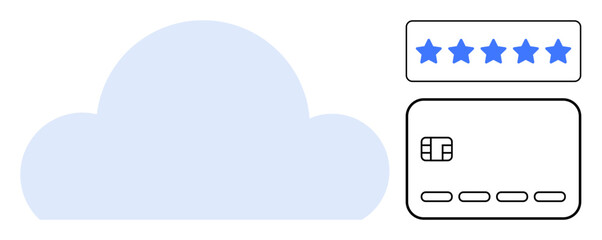 Cloud storage icon with credit card and five-star rating. Ideal for fintech, cloud security, digital payments, customer reviews, online shopping, secure transactions, user experience. Line metaphor