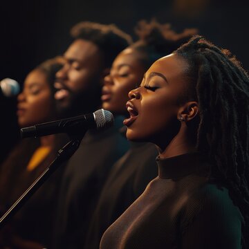 A Black female vocalist passionately sings into a microphone, surrounded by a diverse choir.