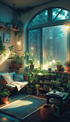 Lofi cozy room with window view of a forest, jungle, plants decor, books, anime, manga style. Hip-hop atmospheric lights.