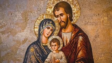 Ancient-style mosaic of the Holy Family, illuminated by natural light, emphasizing devotion and artistry. © DREAMERLYN STUDIO