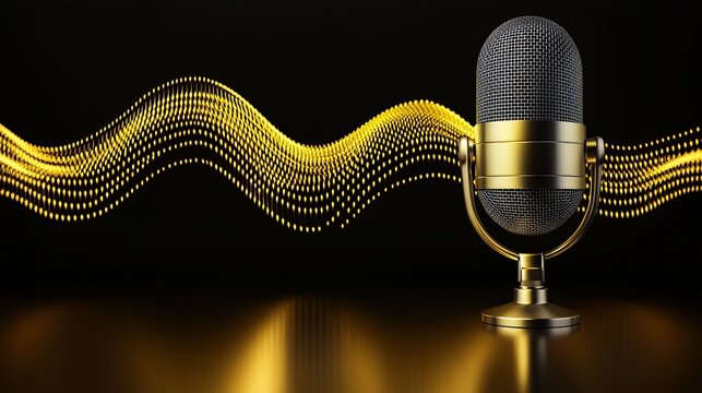 Recording studio microphone set against a golden gradient background with sound waves ideal for podcasting broadcasting or music production