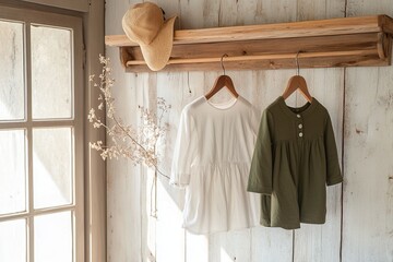 Two stylish shirts hanging on a wooden rack in a cozy, sunlit room with a natural vibe