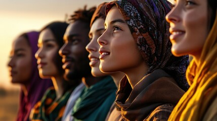 A diverse group of young individuals with headscarves, united in solidarity at sunset.