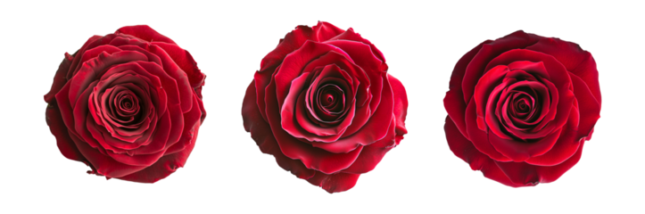 Collection set of 3 red roses, top view from above isolated on transparent backgrounds, flowers symbols of love, Valentine's day or wedding png