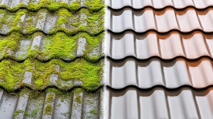 Rooftop shown in a split view half covered in moss and lichen while the other half appears clean and renewed after highpressure washing