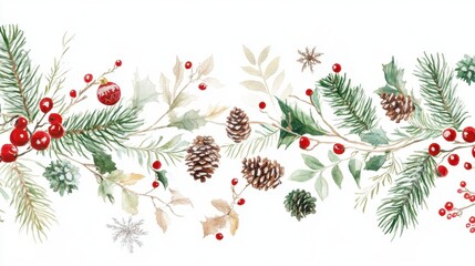 A watercolor painting of a Christmas tree with red berries and pine cones