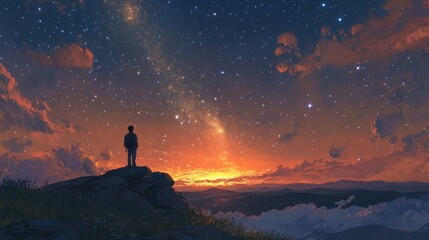 Stargazer on Hilltop Watching Sunset View