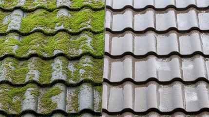 Rooftop shown in a split view half covered in moss and lichen while the other half appears clean and renewed after highpressure washing