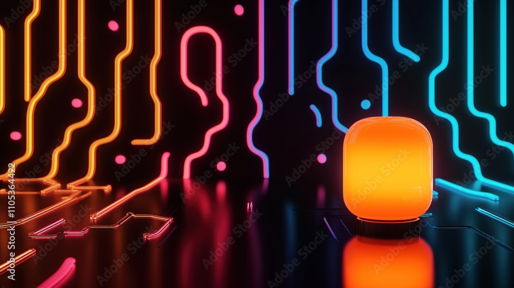 Fototapete Colorful neon circuit lines create futuristic scene with glowing orange lamp. Abstract tech design. Glowing circuit board tech. Vivid colors. Neon lamp. Dark background. Futuristic lamp. Modern tech.