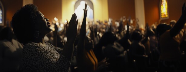A Black woman in worship, raising her hands in a vibrant community church setting.
