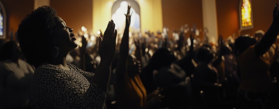 A Black woman in worship, raising her hands in a vibrant community church setting.