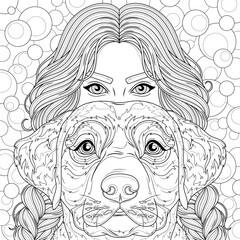 A girl and a labrador dog.Coloring book antistress for children and adults.