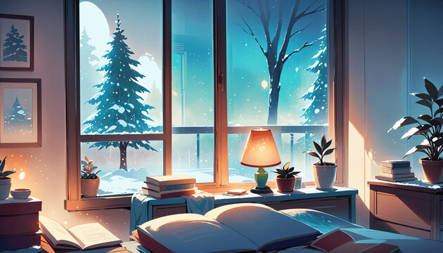 Calm lofi desk, interior. A cold winter evening. An empty study room with chill vibes. 4k wallpaper, background