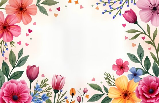 Colorful floral banner design for mothers day in May. Beautiful flowers, leaves in various colors create spring themed artistic banner background. Perfect for cards invitations, social media. Great