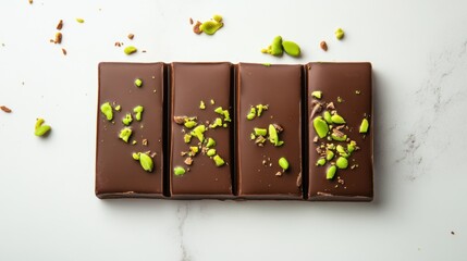 A chocolate bar with green nuts on top
