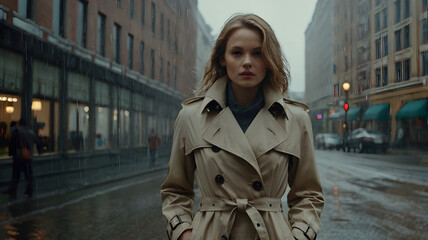 Fototapeta premium Portrait of a young woman in a beige trench coat standing in the rain on a city street