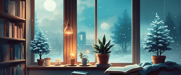 Calm lofi desk, interior. A cold winter evening. An empty study room with chill vibes. 4k wallpaper, background