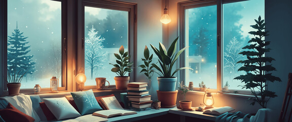 Calm lofi desk, interior. A cold winter evening. An empty study room with chill vibes. 4k wallpaper, background