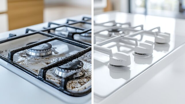 Side view of a white kitchen gas stove before and after cleaning highlighting the dramatic transformation using cleaning services or products