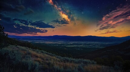 Fototapeta premium Mountain Valley at Sunset with Starry Sky