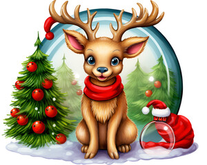 a cartoon of a reindeer with a red scarf and a tree in the snow