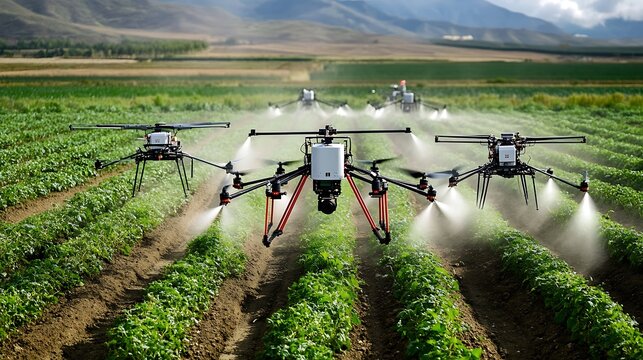 Smart farming automation showcased through drone spraying capabilities.