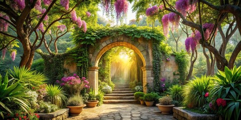 Fototapeta premium Sunlit Stone Archway in a Lush, Blooming Garden with a Staircase Leading to a Mystical Path