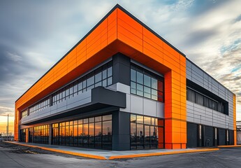 Fototapeta premium A vibrant orange and gray warehouse with dark windows, located in an industrial area.