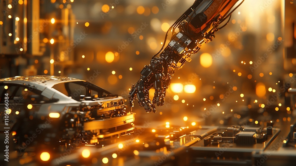 Poster robotic arm assembling car part in factory.