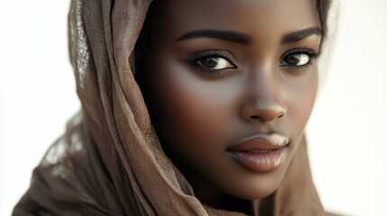 A woman with dark skin and brown hair is wearing a scarf