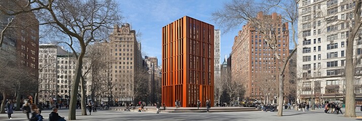 Modern Urban Plaza with Striking Steel and Copper Skyscraper, City Life and Architecture