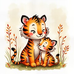 Cute watercolor tiger mother, cub cuddling in nature. Mother tiger shows affection to baby. Illustration perfect for Mother Day cards. Adorable art piece portrays loving family bond. Perfect for