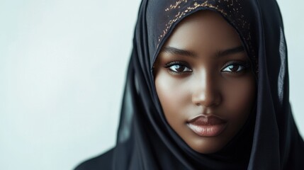 A woman wearing a black scarf with gold accents